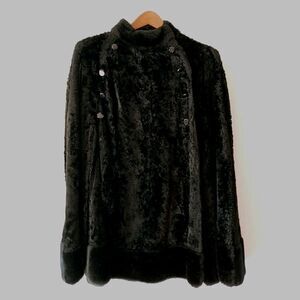 Poncho Cape Womens OS Black Faux Fur Velour Trim Lined Buttons Retro Old Money